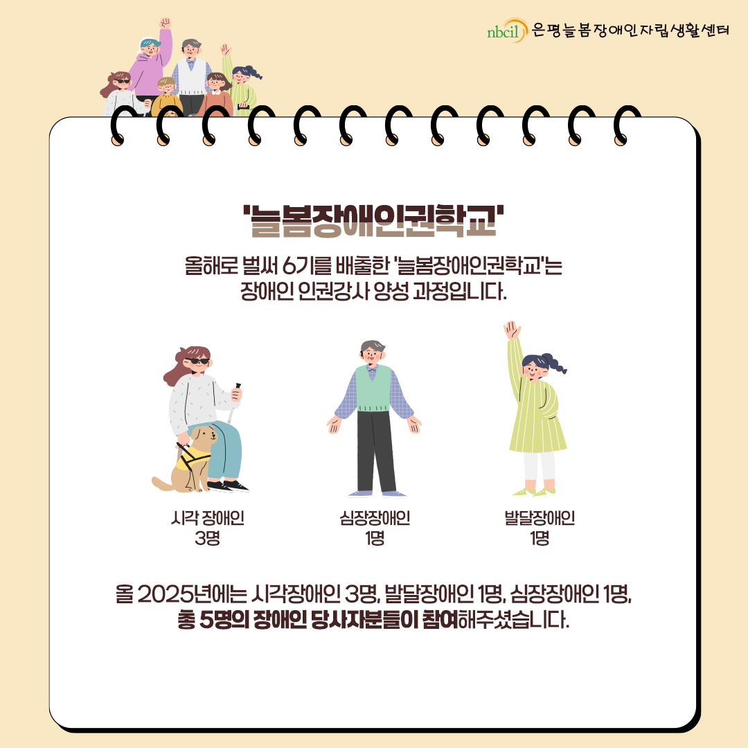 올해로 벌써 6기를 배출한 '늘봄장애인권학교'는 장애인 인권강사 양성 과정입니다.  올 2025년에는 시각장애인 3명, 발달장애인 1명, 심장장애인 1명, 총 5명의 장애인 당사자분들이 참여해주셨습니다.